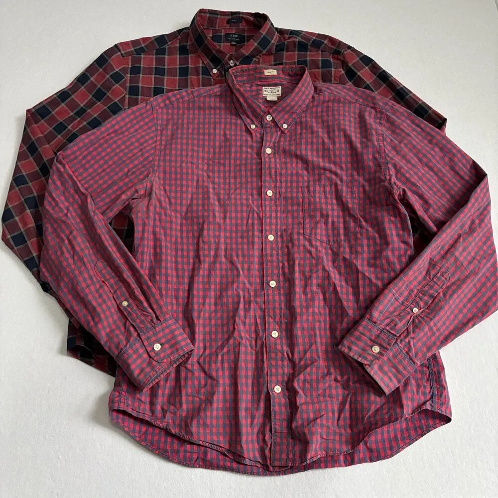 J Crew Plaid Check Shirt Button Down Bundle Men XL Red Slim Fit Preppy Academia